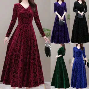 Women's Dress Floral Pattern V Neck Robe Spring Elegant Long Dresses Women Fashion Vestidos for Evening Dresses