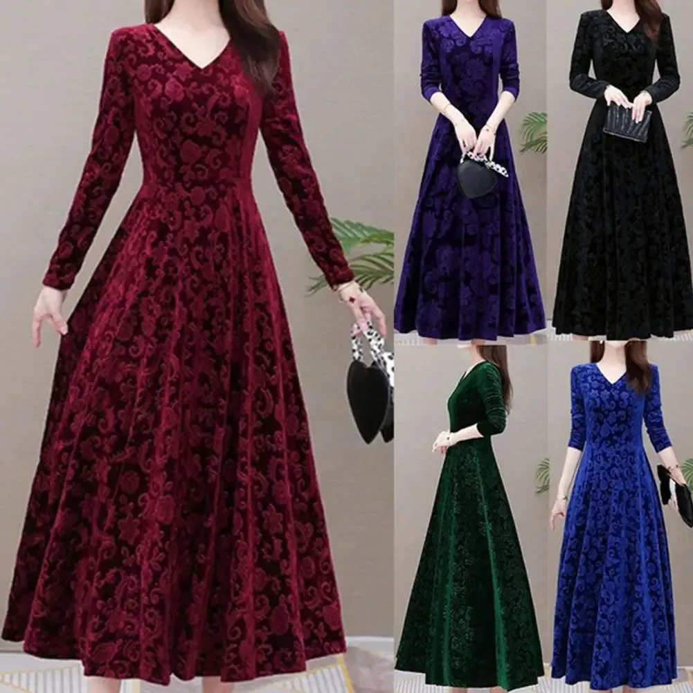 Women's Dress Floral Pattern V Neck Robe Spring Elegant Long Dresses Women Fashion Vestidos for Evening Dresses