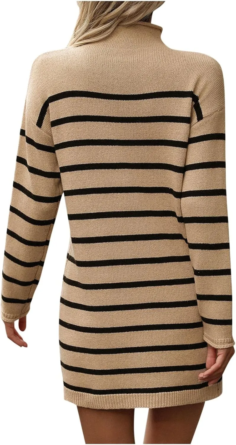 Womens Dresses Fall 2024 Rib Cotton Knit Striped Casual Sweater Dress High Neck Loose Long Sleeve Bodycon Mini Dress