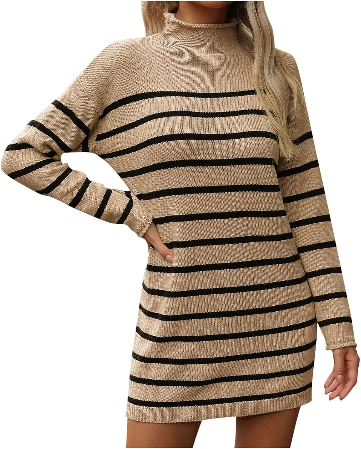 Womens Dresses Fall 2024 Rib Cotton Knit Striped Casual Sweater Dress High Neck Loose Long Sleeve Bodycon Mini Dress