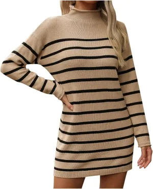 Womens Dresses Fall 2024 Rib Cotton Knit Striped Casual Sweater Dress High Neck Loose Long Sleeve Bodycon Mini Dress