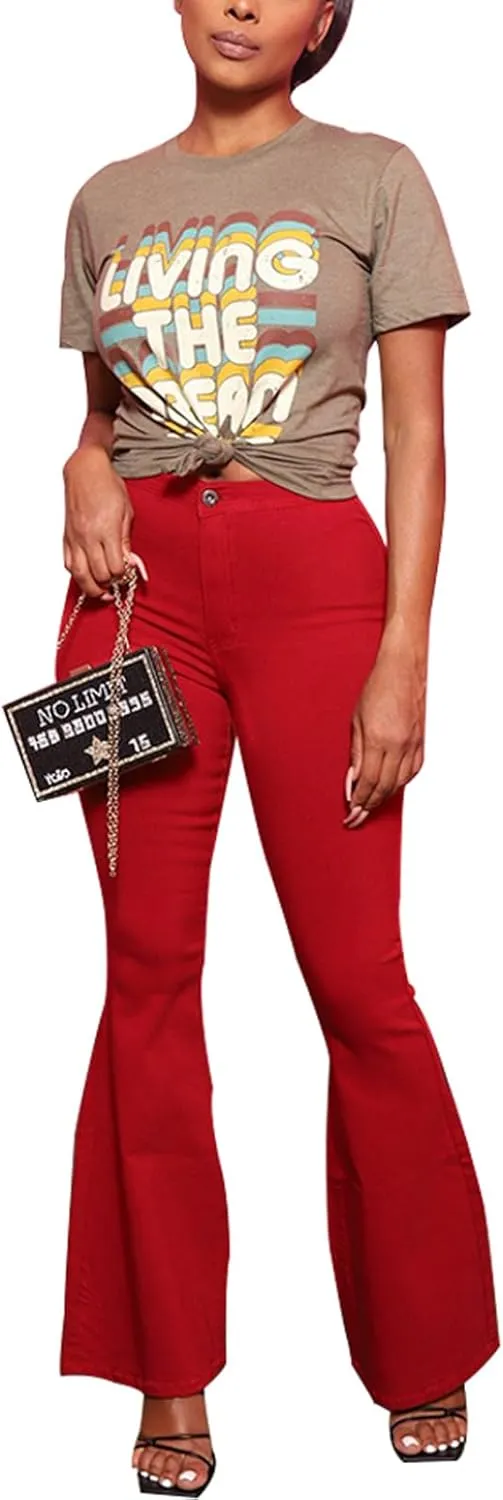 Women's Elastic Ripped Hole Classic Denim Bell Bottom Jeans