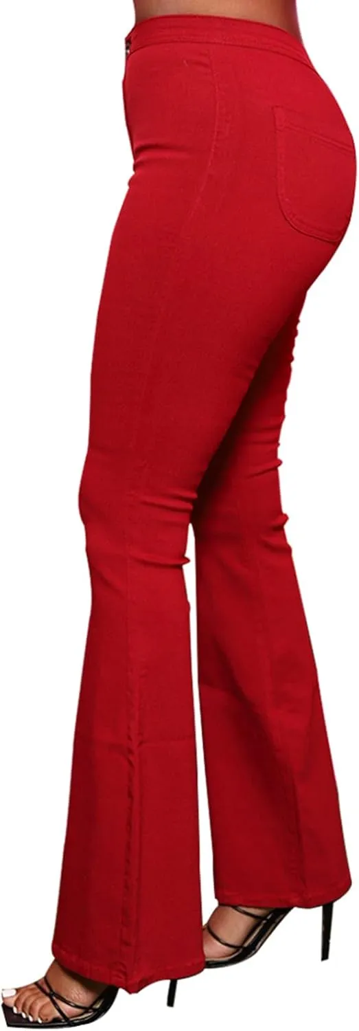 Women's Elastic Ripped Hole Classic Denim Bell Bottom Jeans
