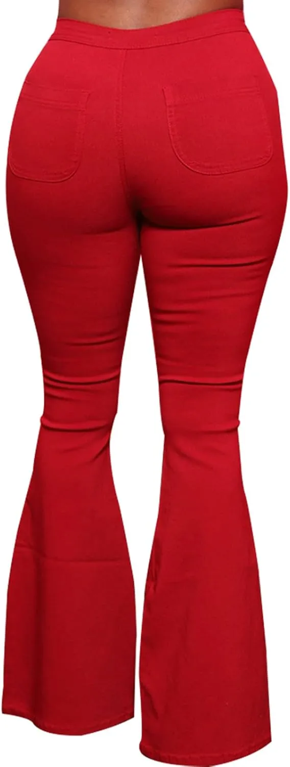 Women's Elastic Ripped Hole Classic Denim Bell Bottom Jeans