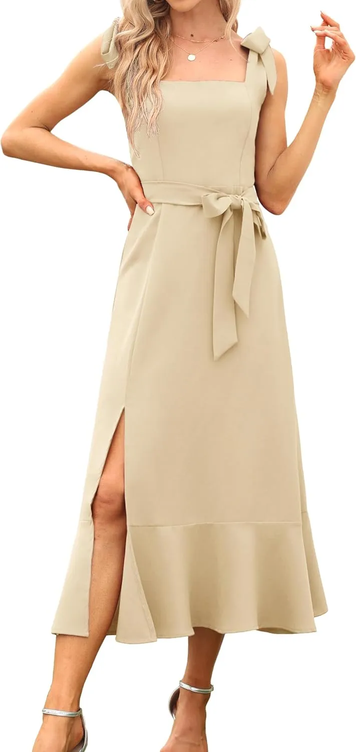 Women's Elegant Bridesmaid Dresses Square Neck Ruffle Split Midi Formal Dress for Wedding Guest Cocktail Party