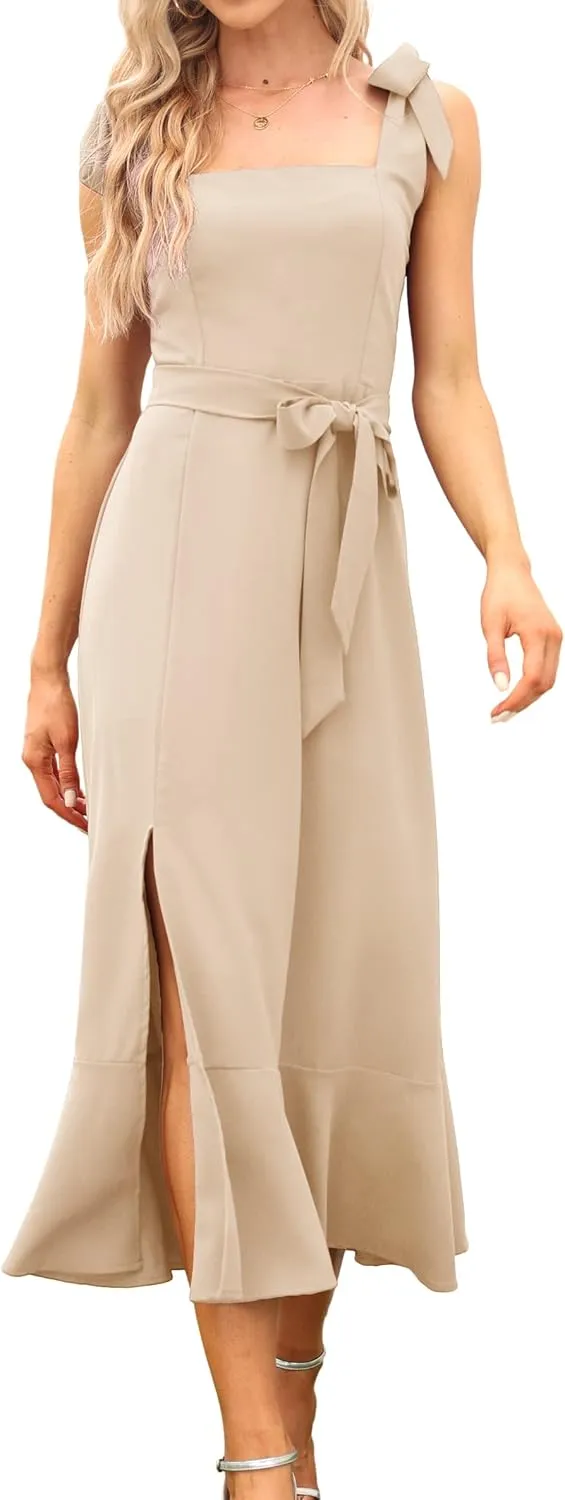 Women's Elegant Bridesmaid Dresses Square Neck Ruffle Split Midi Formal Dress for Wedding Guest Cocktail Party