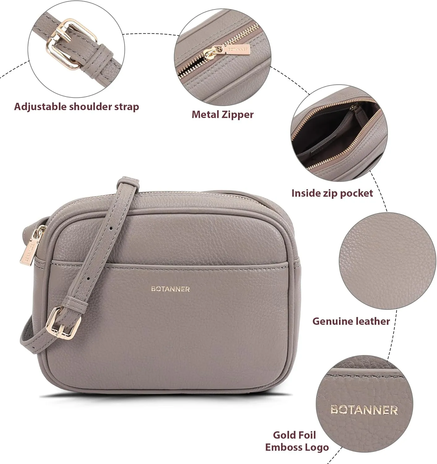 Women's Elegant Genuine Leather Crossbody Bag - Versatile Design, Adjustable Strap, Top Zip Closer, Light & Chic
