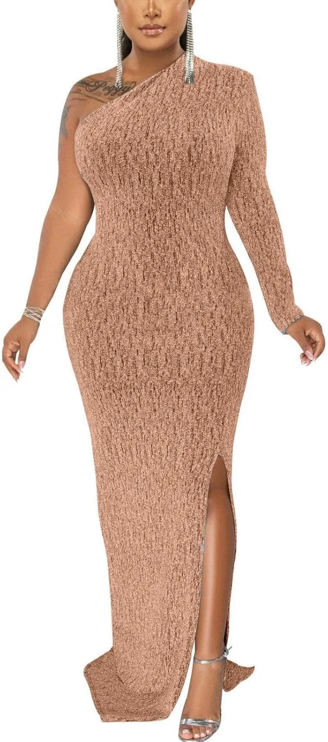 Women's Formal Dresses Elegant Long Sleeve Evening Party Dress Sexy One Shoulder High Split Cocktail Gowns