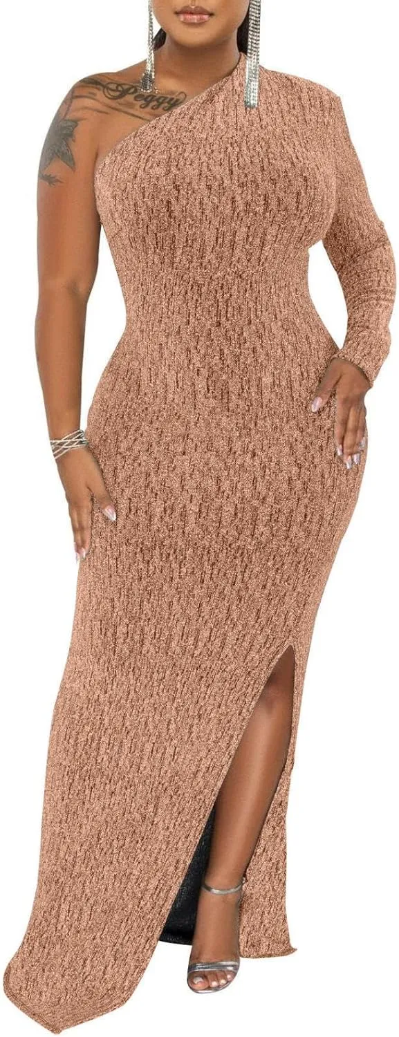 Women's Formal Dresses Elegant Long Sleeve Evening Party Dress Sexy One Shoulder High Split Cocktail Gowns
