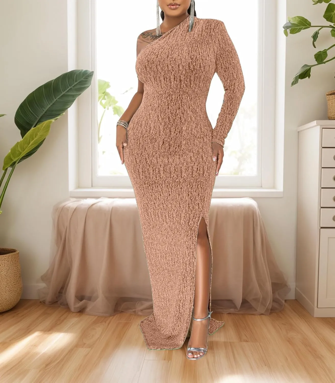 Women's Formal Dresses Elegant Long Sleeve Evening Party Dress Sexy One Shoulder High Split Cocktail Gowns