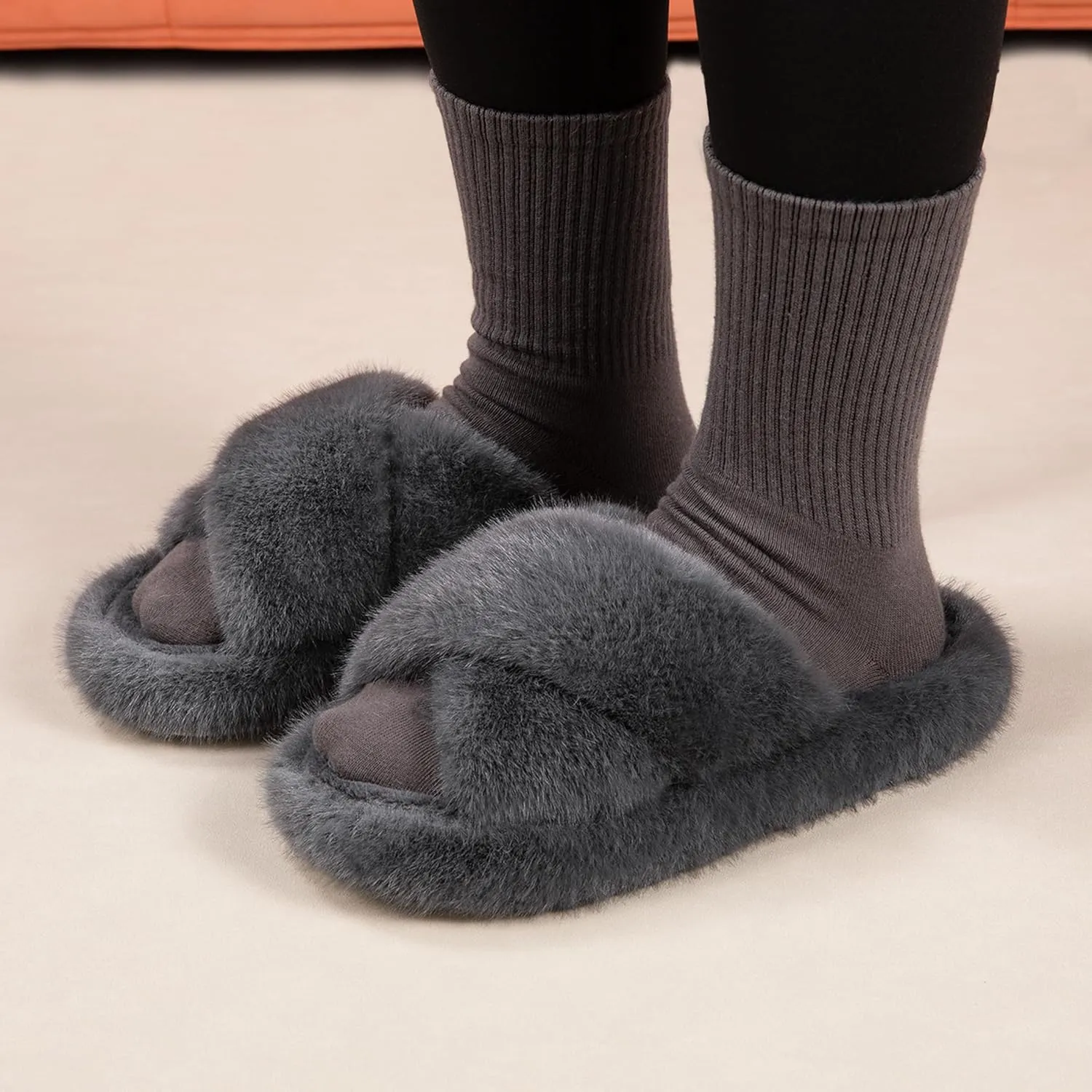 Women's Fuzzy Slippers Open Toe House Slippers Memery Foam Bedroom Slippers Cross Band Slippers for Indoor and Outdoor
