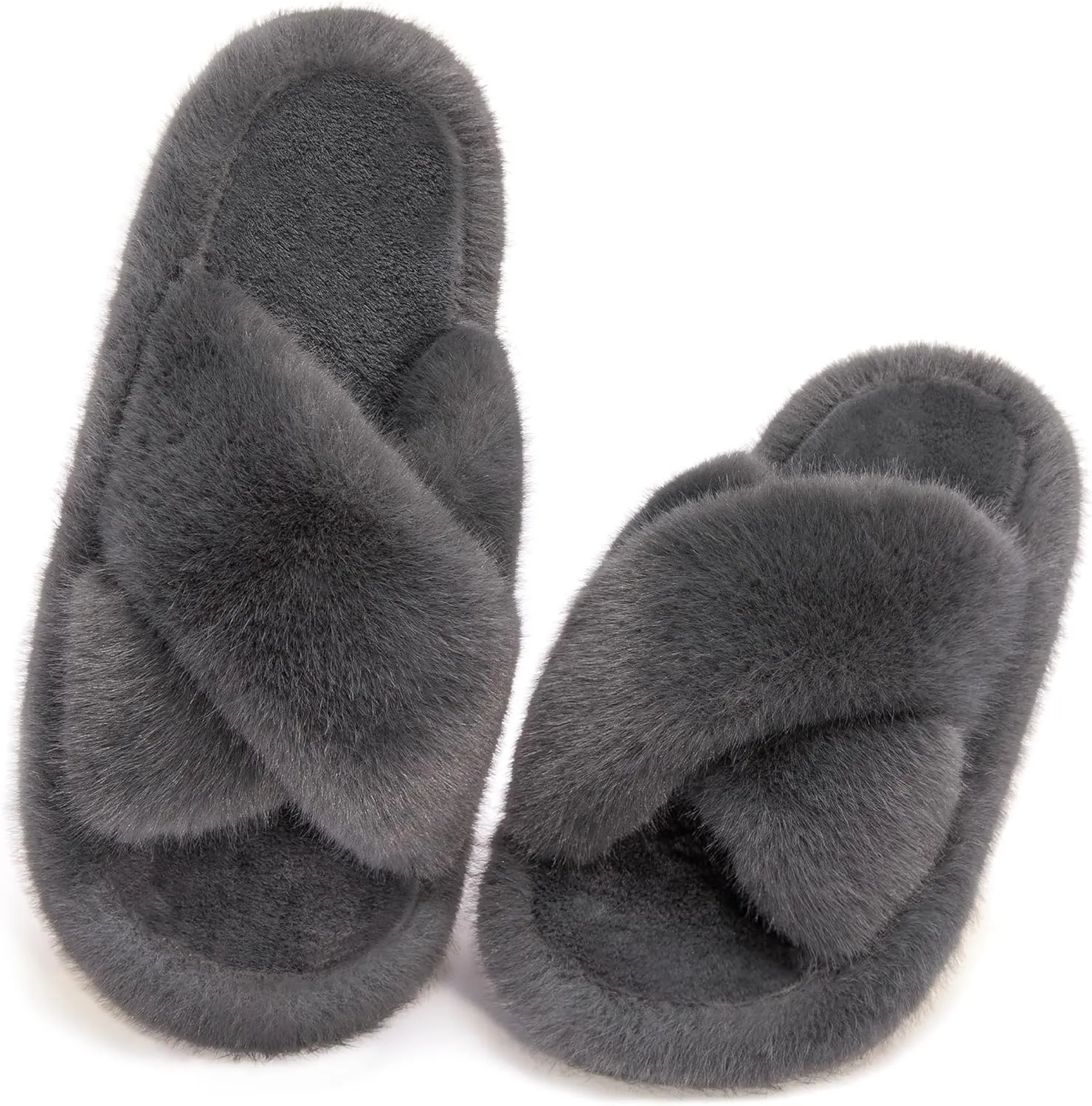 Women's Fuzzy Slippers Open Toe House Slippers Memery Foam Bedroom Slippers Cross Band Slippers for Indoor and Outdoor