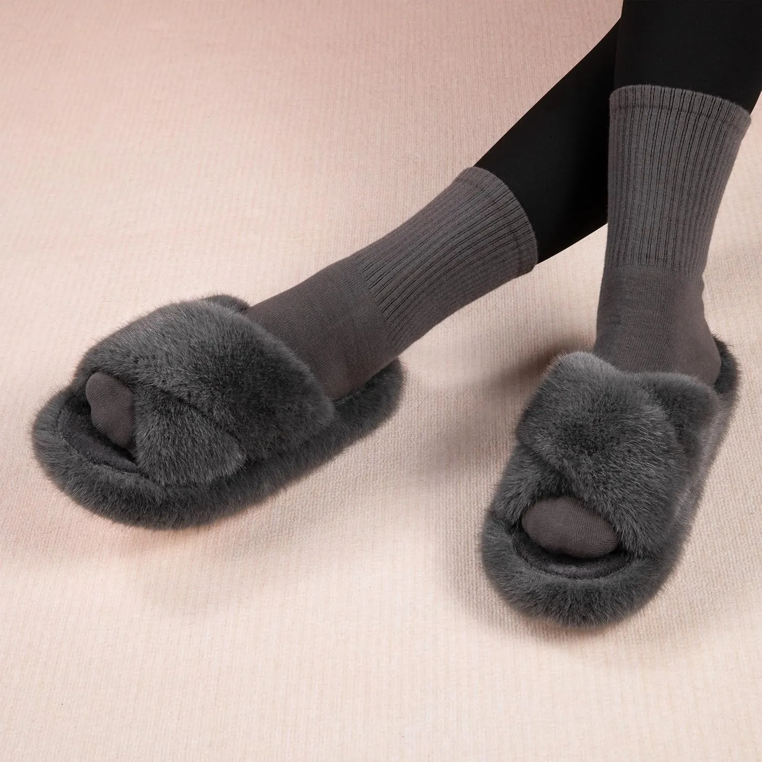 Women's Fuzzy Slippers Open Toe House Slippers Memery Foam Bedroom Slippers Cross Band Slippers for Indoor and Outdoor