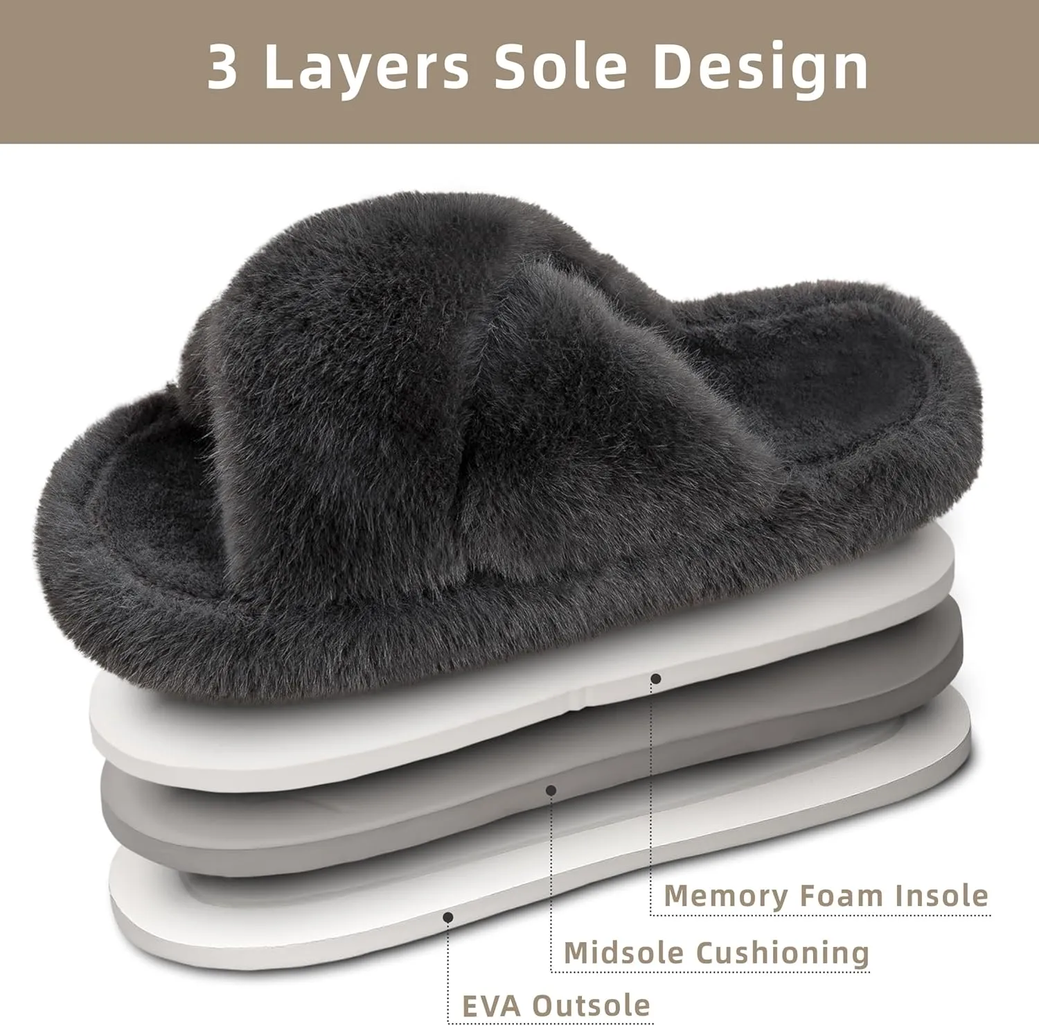 Women's Fuzzy Slippers Open Toe House Slippers Memery Foam Bedroom Slippers Cross Band Slippers for Indoor and Outdoor