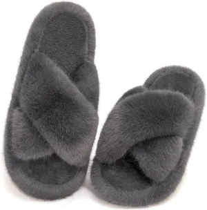 Women's Fuzzy Slippers Open Toe House Slippers Memery Foam Bedroom Slippers Cross Band Slippers for Indoor and Outdoor