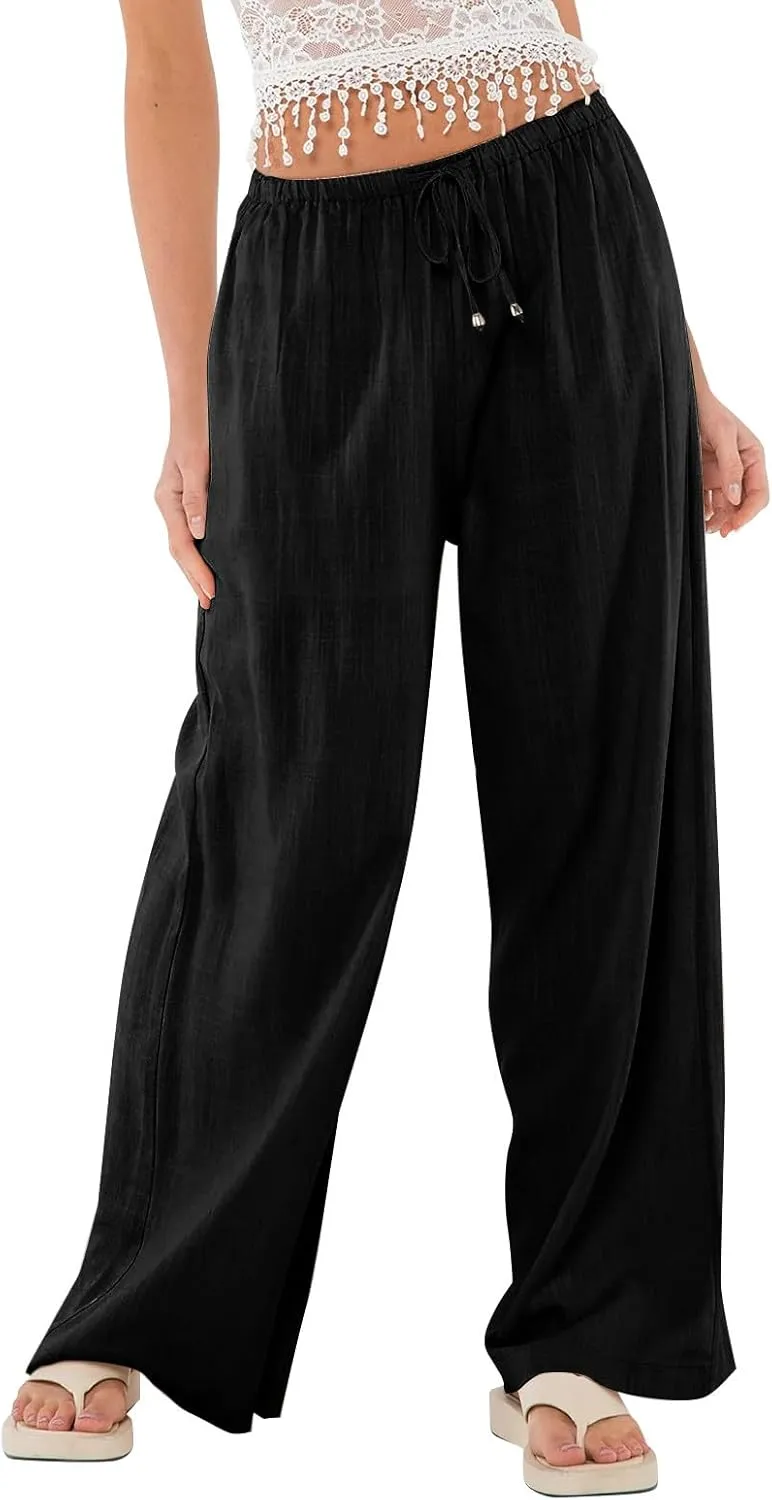 Womens Gauze Pants Cotton Linen Summer Flowy High Waisted Beach Palazzo Pants Lightweight Paperbag Pants with Pocket