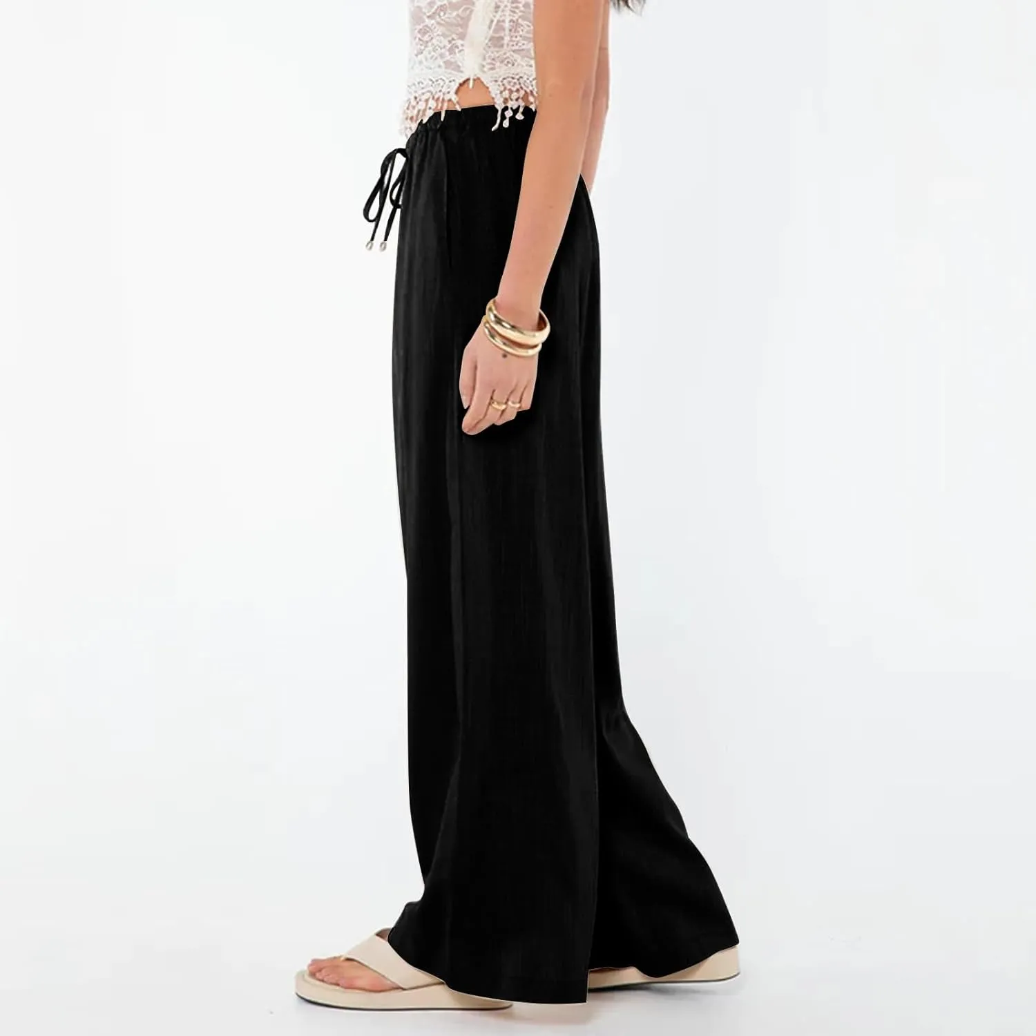 Womens Gauze Pants Cotton Linen Summer Flowy High Waisted Beach Palazzo Pants Lightweight Paperbag Pants with Pocket