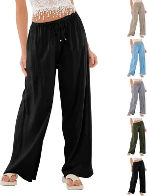 Womens Gauze Pants Cotton Linen Summer Flowy High Waisted Beach Palazzo Pants Lightweight Paperbag Pants with Pocket