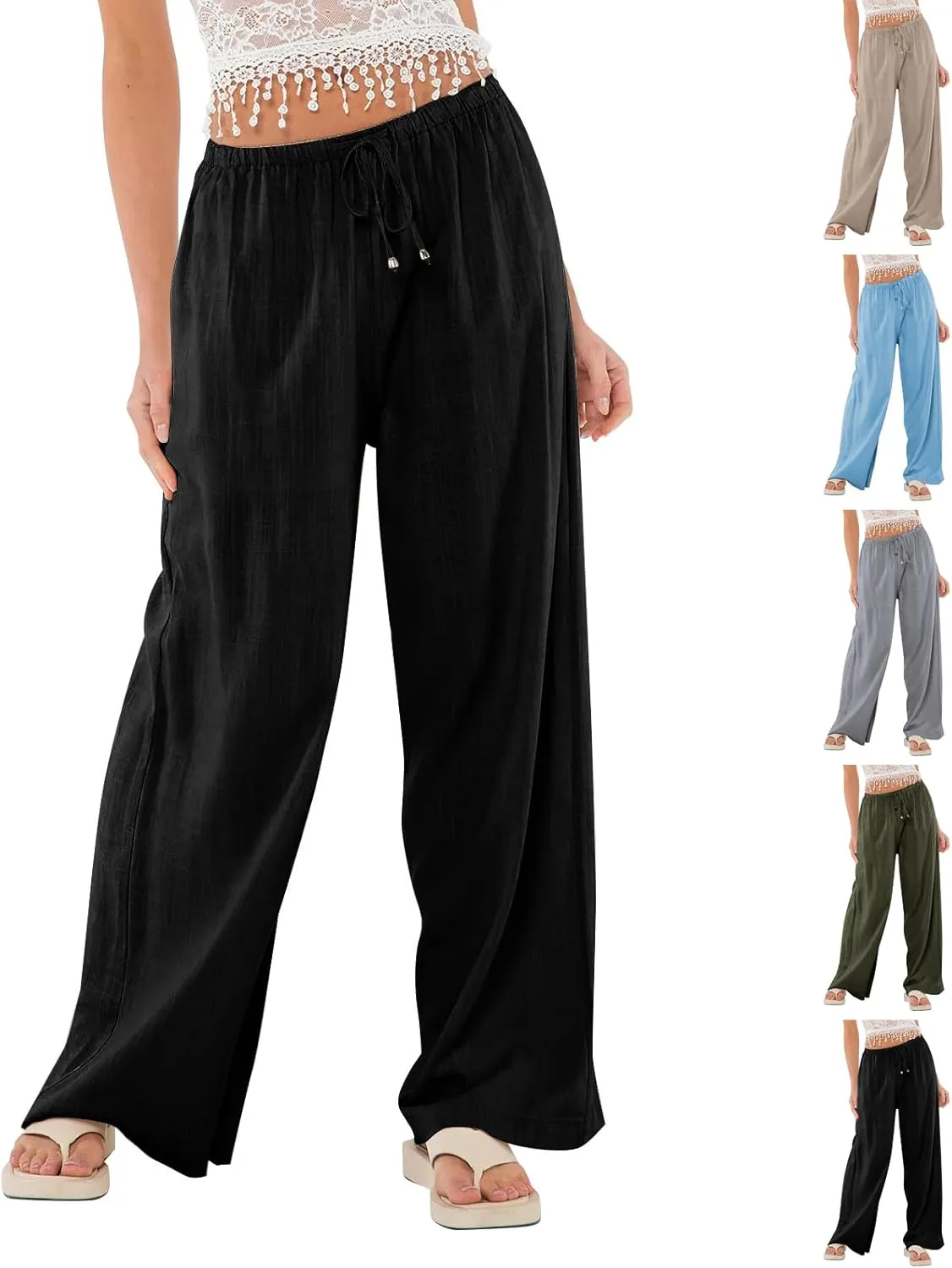 Womens Gauze Pants Cotton Linen Summer Flowy High Waisted Beach Palazzo Pants Lightweight Paperbag Pants with Pocket