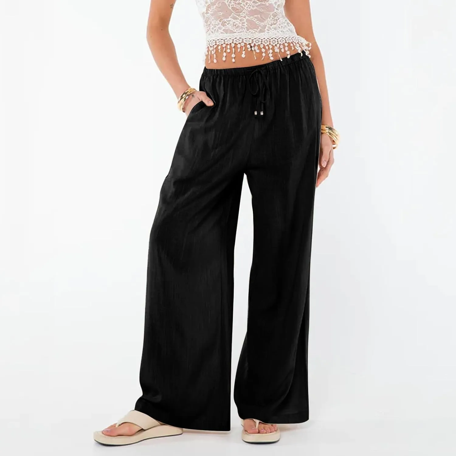 Womens Gauze Pants Cotton Linen Summer Flowy High Waisted Beach Palazzo Pants Lightweight Paperbag Pants with Pocket