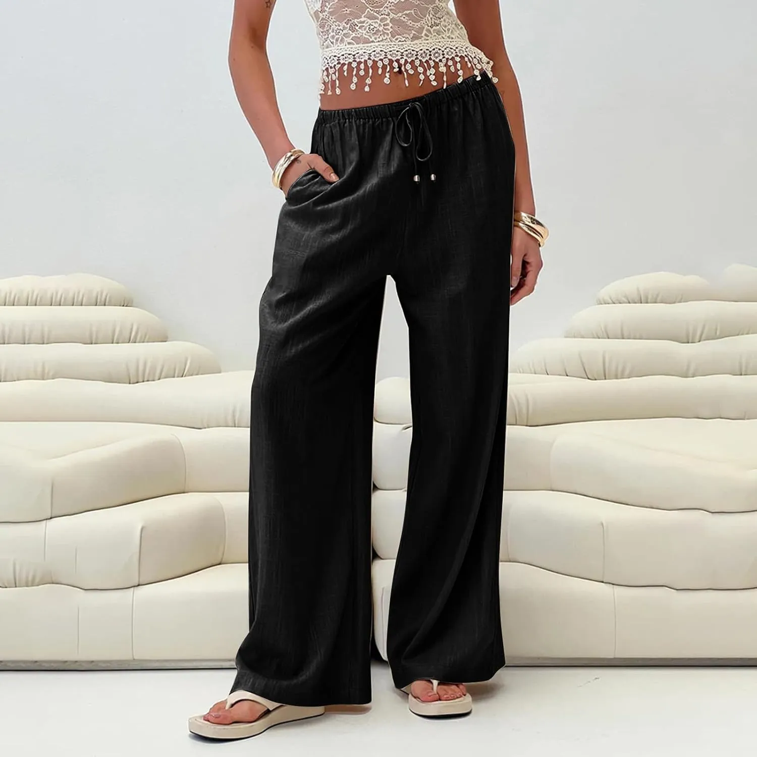 Womens Gauze Pants Cotton Linen Summer Flowy High Waisted Beach Palazzo Pants Lightweight Paperbag Pants with Pocket
