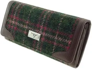 Women's Harris Tweed Long Purse - Scottish Tartan Wool Wallet with Multiple Card Slots & Zipper Pocket - Stylish Gift for Women - Green Check