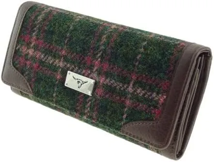 Women's Harris Tweed Long Purse - Scottish Tartan Wool Wallet with Multiple Card Slots & Zipper Pocket - Stylish Gift for Women - Green Check