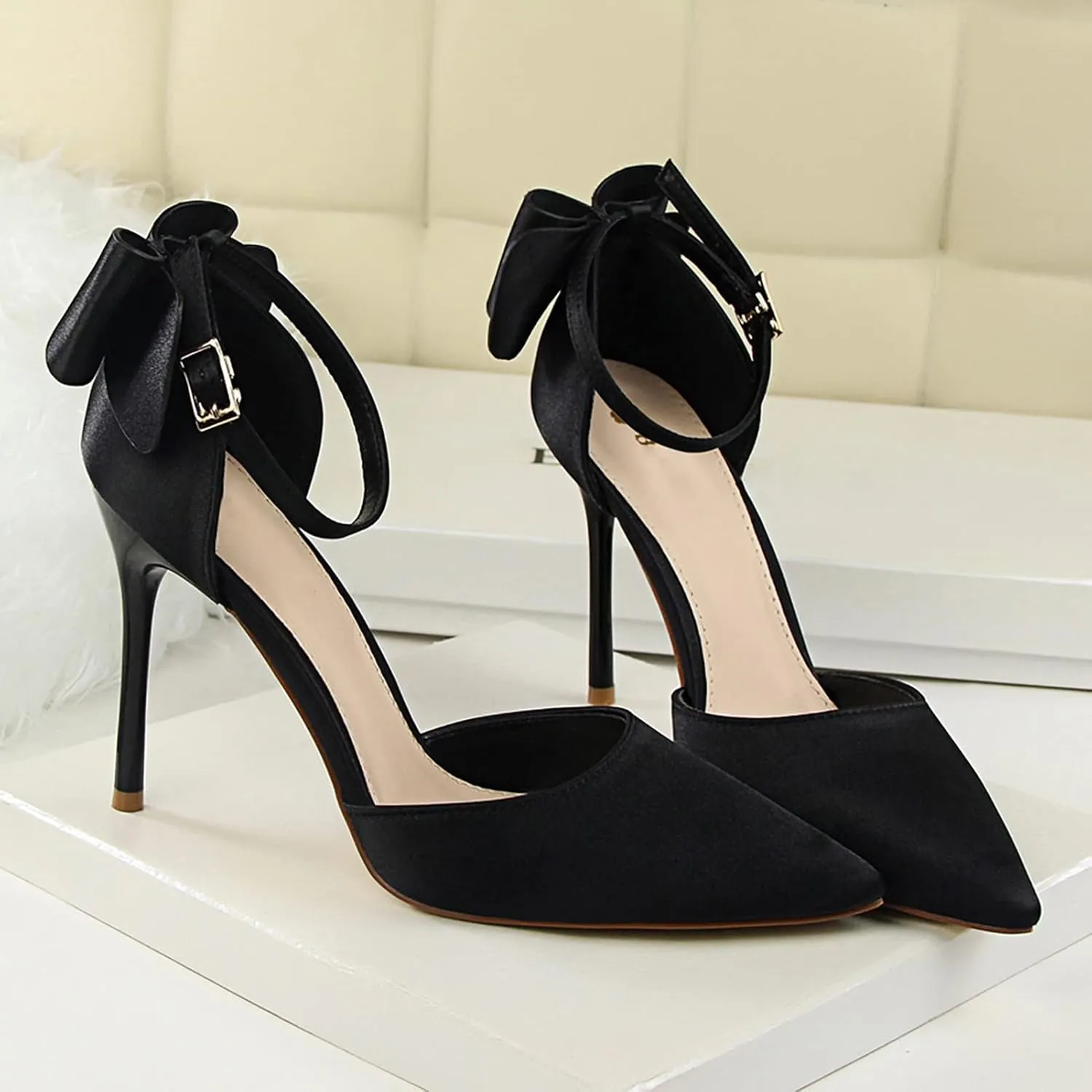 Womens High Heels Bow Back Strappy Wedding Dress Shoes Sexy Point Closed Toe Stiletto Sandals Ankle Strap D'Orsay Pumps