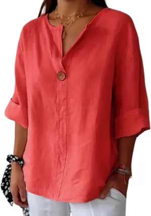 Women's Linen Shirt Button Down V Neck Solid Blouse 3/4 Sleeves Casual Loose Fit Tunic Tops Summer T Shirts