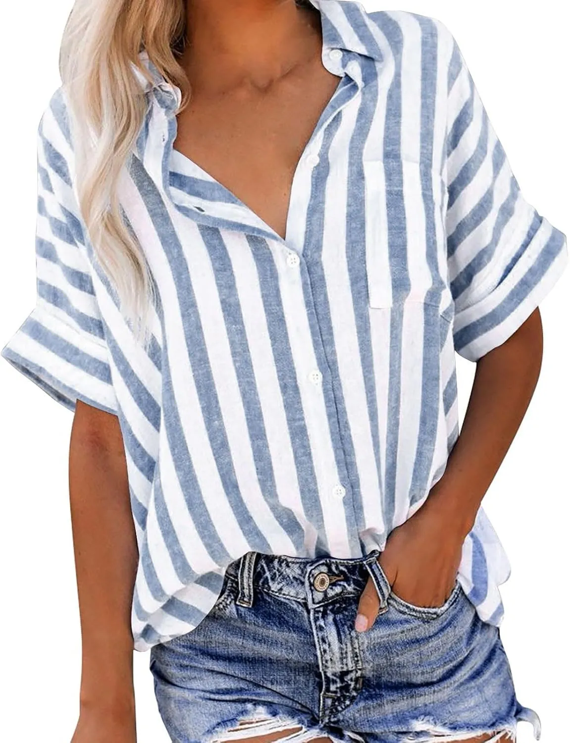Women's Linen V Neck Button Down Shirt Roll Up Short Sleeve Casual Collared Work Blouse Loose Top Trendy