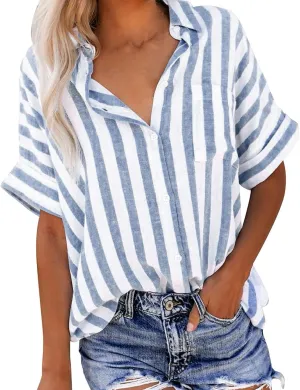 Women's Linen V Neck Button Down Shirt Roll Up Short Sleeve Casual Collared Work Blouse Loose Top Trendy