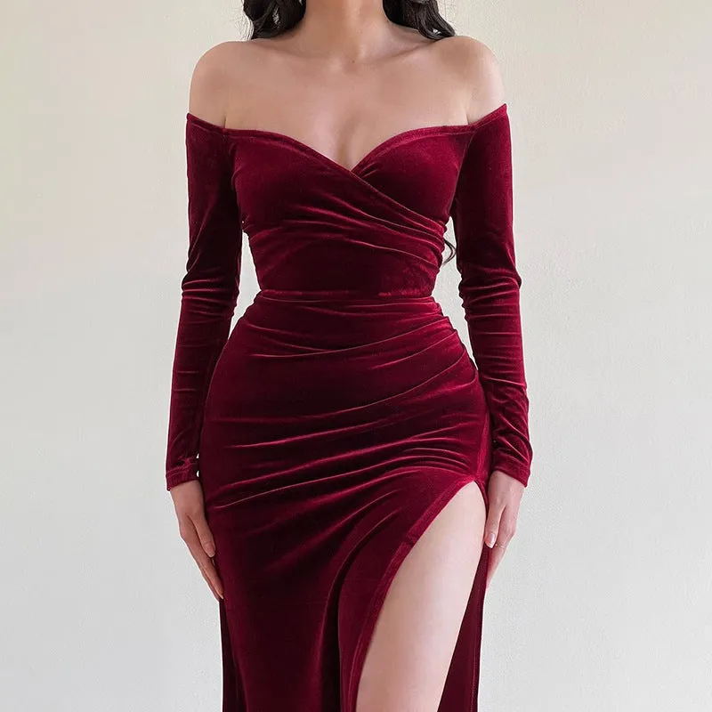 Women’s Long Dress – Velvet – Off Shoulder – Crossover Bust – High Slit Ruched Fit