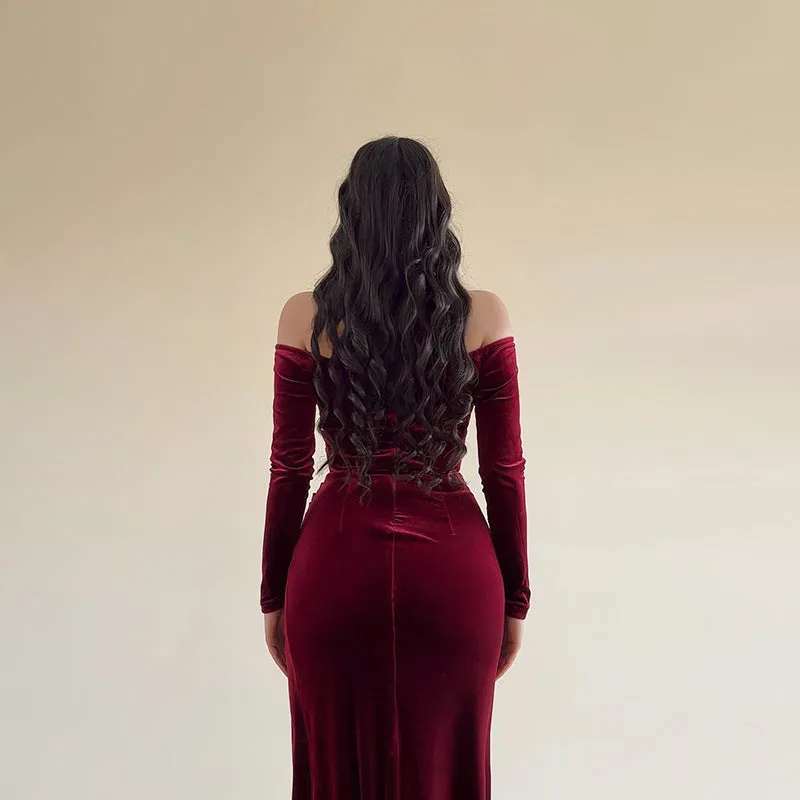 Women’s Long Dress – Velvet – Off Shoulder – Crossover Bust – High Slit Ruched Fit