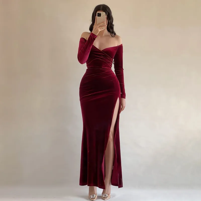 Women’s Long Dress – Velvet – Off Shoulder – Crossover Bust – High Slit Ruched Fit