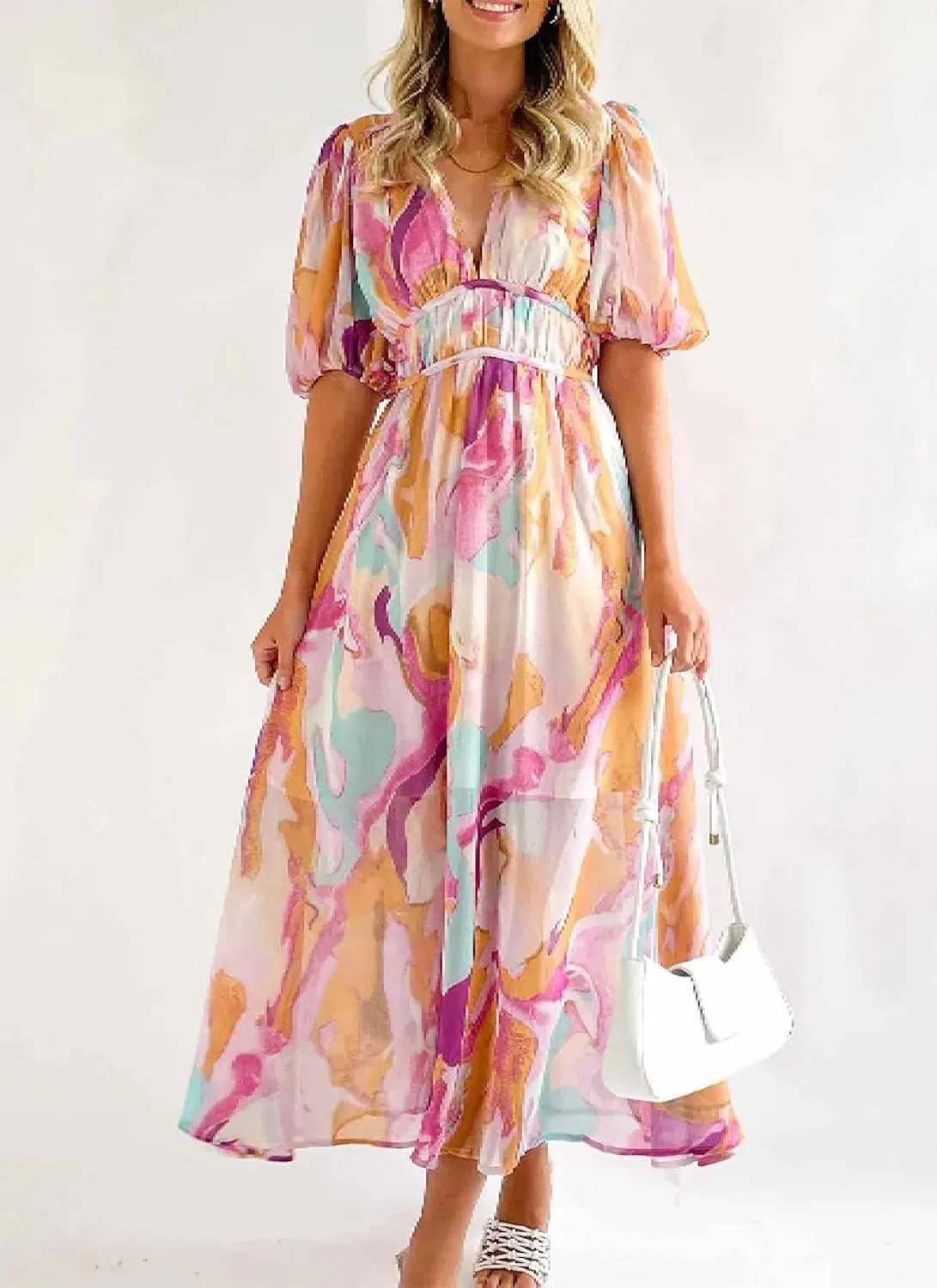 Womens Maxi Dress Short Sleeve V-Neck Pink Abstract Print Elastic Waist Flowy Spring Summer Casual Party Dress