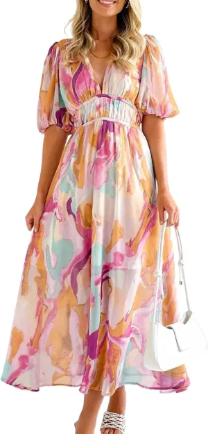 Womens Maxi Dress Short Sleeve V-Neck Pink Abstract Print Elastic Waist Flowy Spring Summer Casual Party Dress