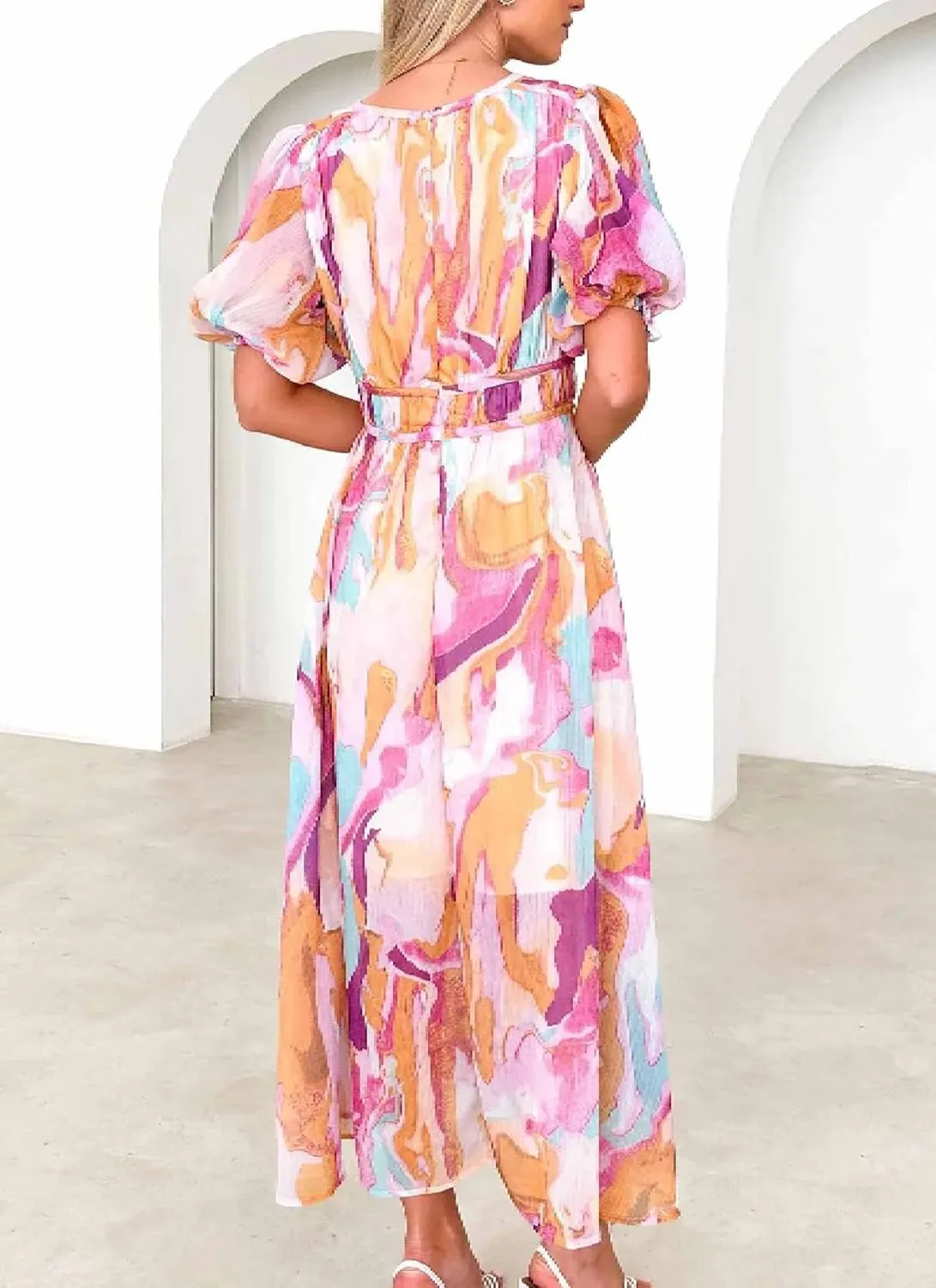 Womens Maxi Dress Short Sleeve V-Neck Pink Abstract Print Elastic Waist Flowy Spring Summer Casual Party Dress