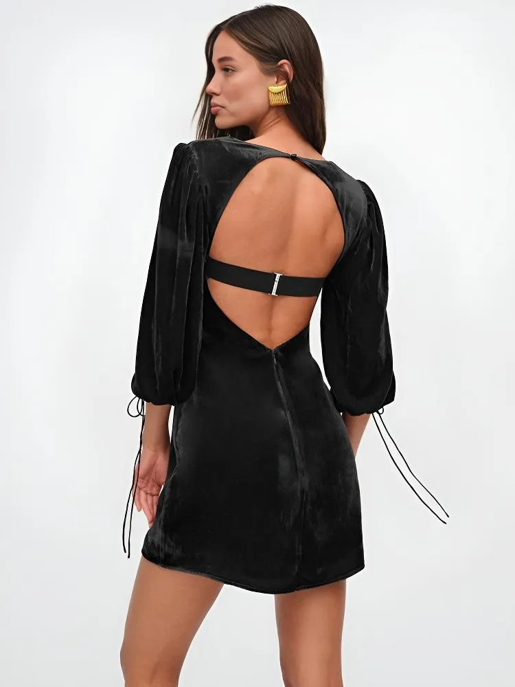 Women’s Mini Dress – Velvet Slim Fit – Puff Sleeve – Sweetheart Neck – Cocktail Wear