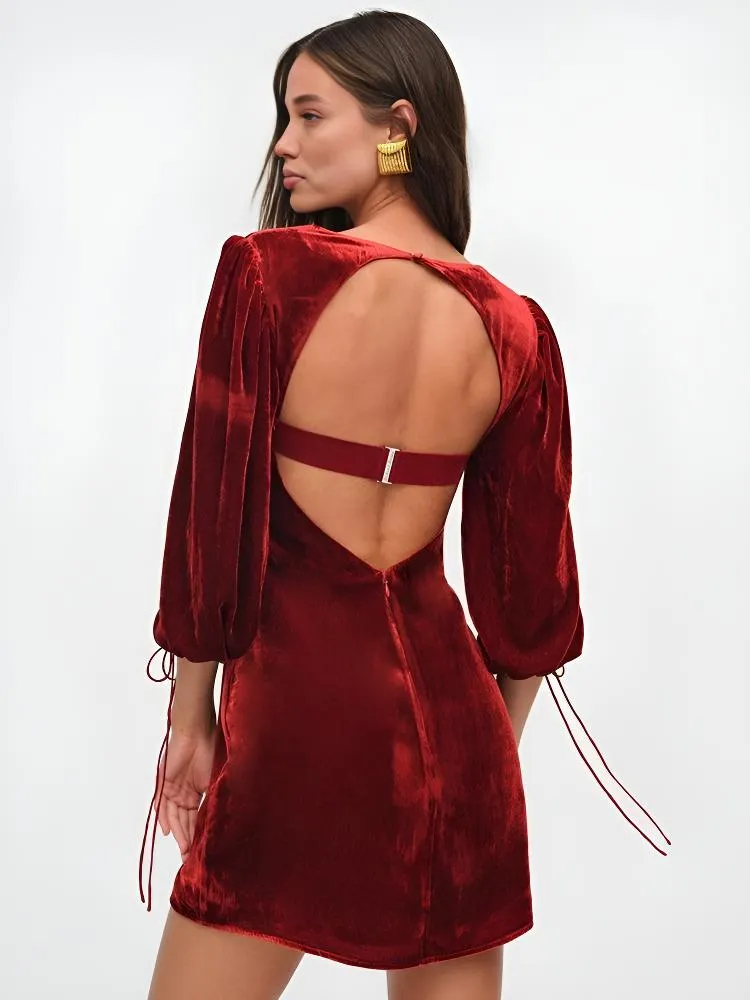 Women’s Mini Dress – Velvet Slim Fit – Puff Sleeve – Sweetheart Neck – Cocktail Wear