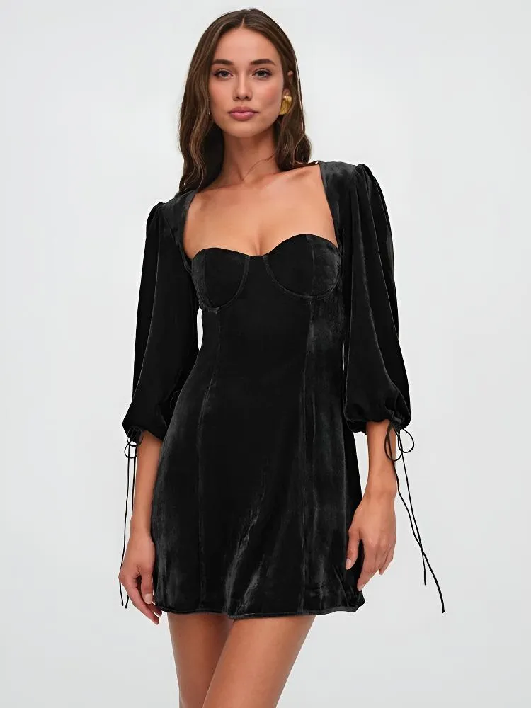 Women’s Mini Dress – Velvet Slim Fit – Puff Sleeve – Sweetheart Neck – Cocktail Wear