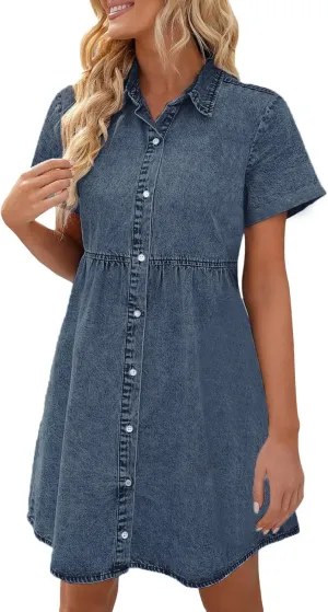 Womens Plus Size Denim Jean Dress Romper Outfit Knee Length Summer Casual for Women 2025 with Sleeves T Shirt Dresses