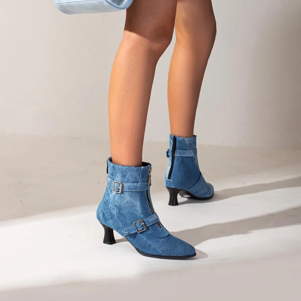 Women's Pointed Toe Kitten Low Heels Ankle Booties Buckle Zipper Winter Elegant Dressy Short Boots