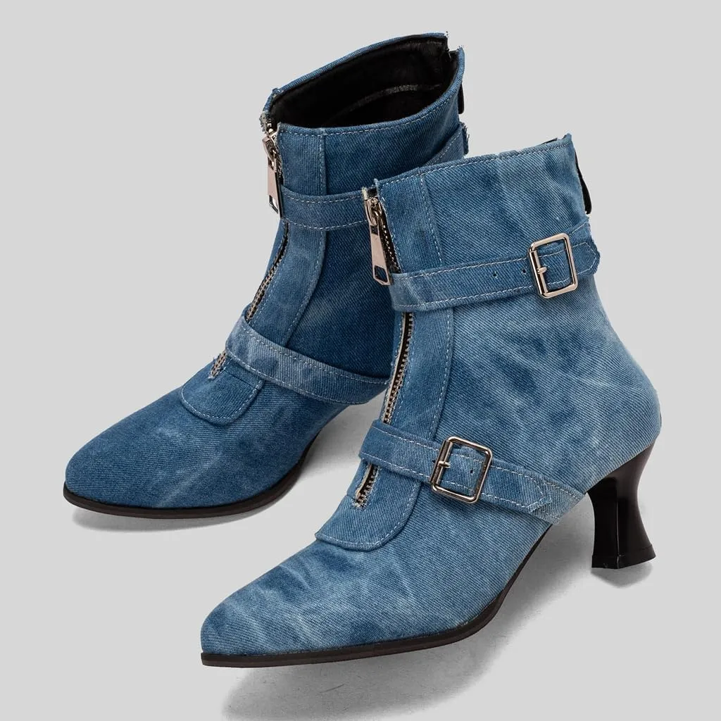 Women's Pointed Toe Kitten Low Heels Ankle Booties Buckle Zipper Winter Elegant Dressy Short Boots
