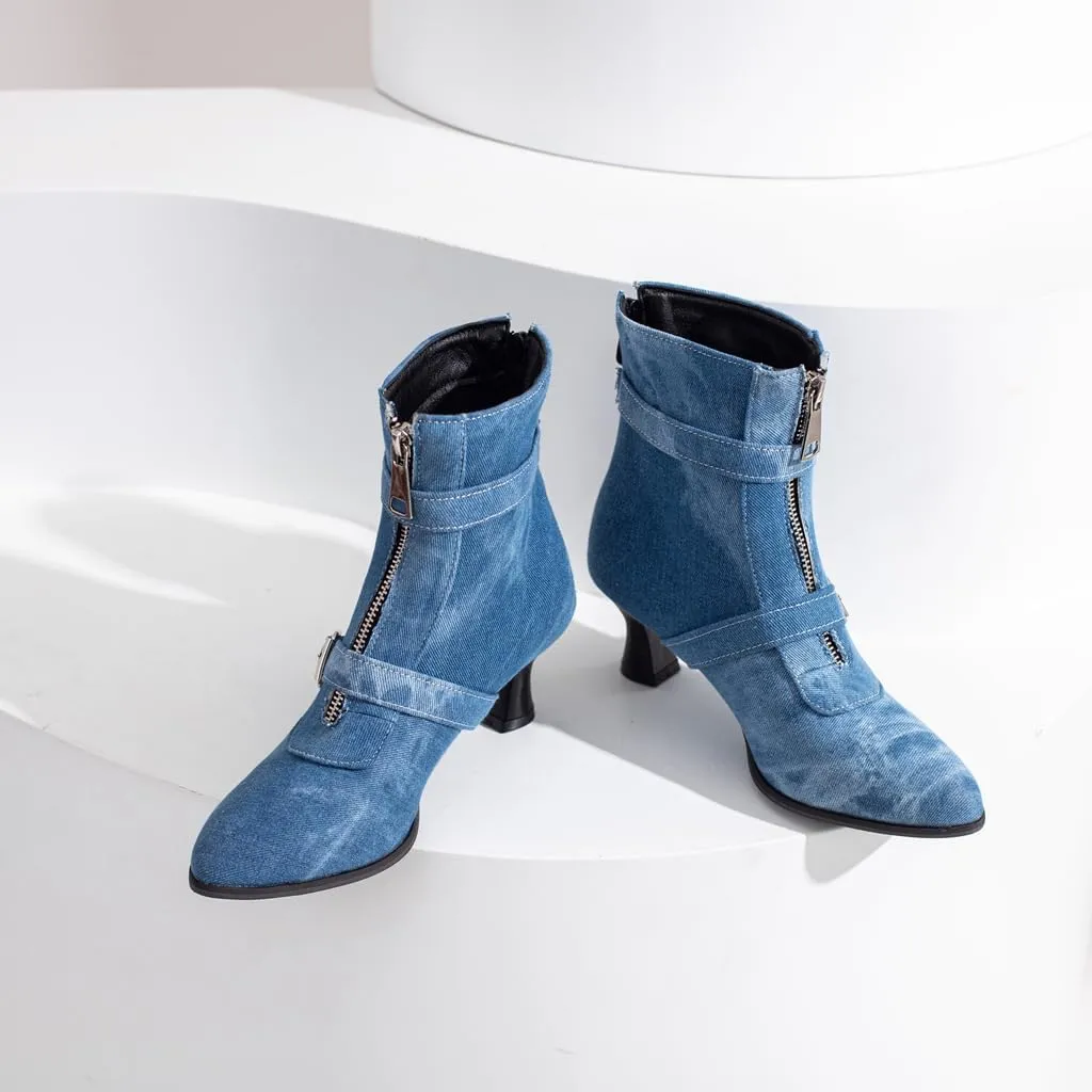 Women's Pointed Toe Kitten Low Heels Ankle Booties Buckle Zipper Winter Elegant Dressy Short Boots