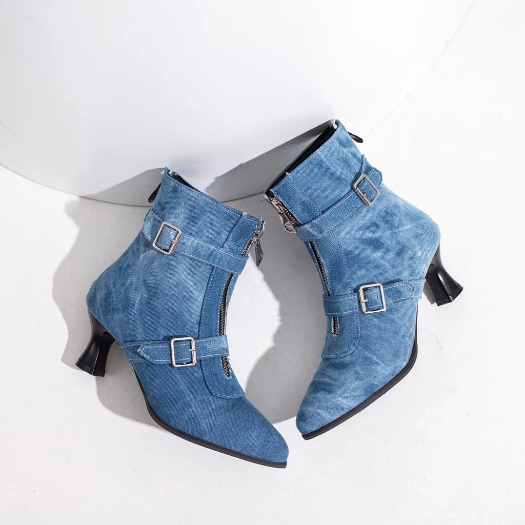 Women's Pointed Toe Kitten Low Heels Ankle Booties Buckle Zipper Winter Elegant Dressy Short Boots