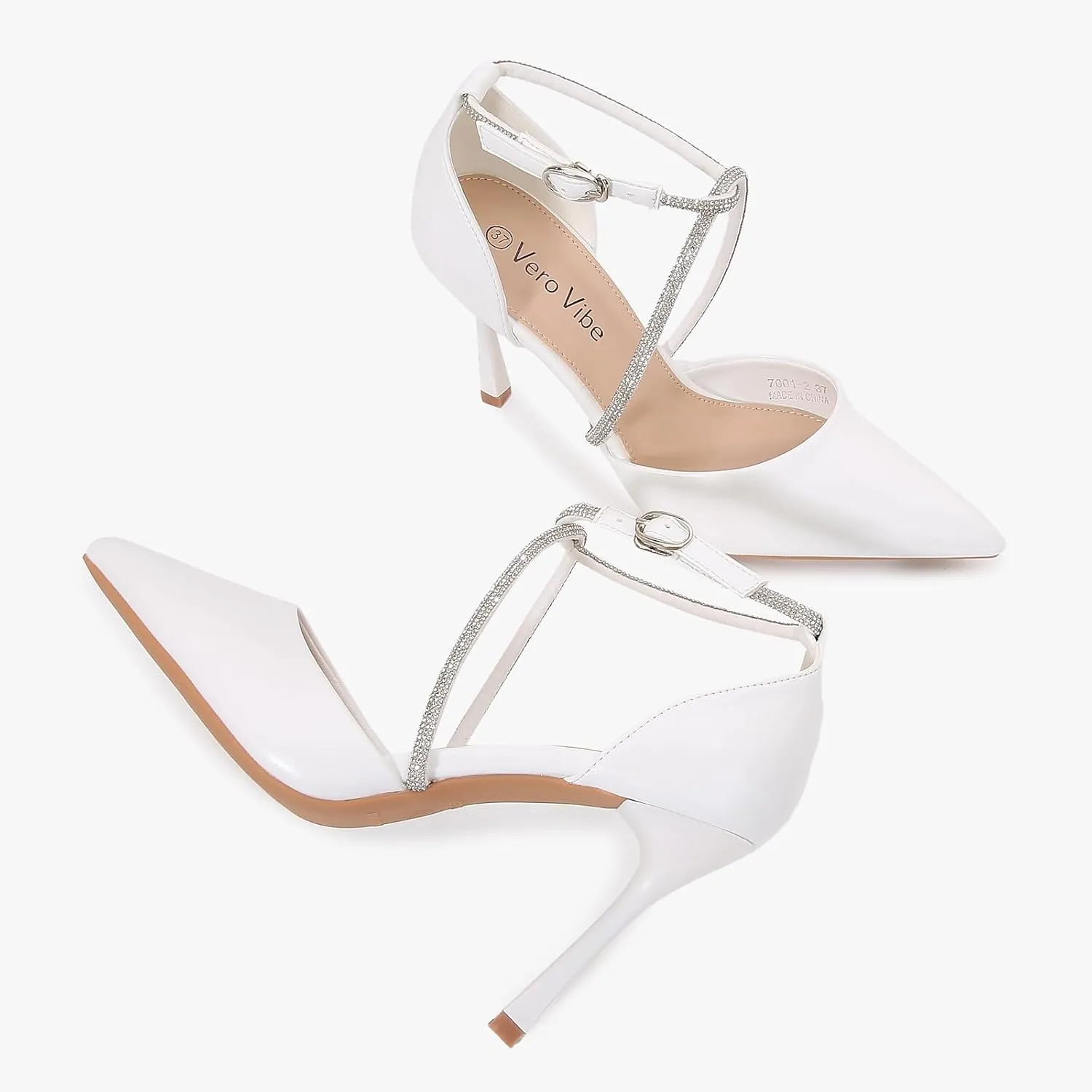 Women's Pointed Toe Stiletto, Ankle Strap Heel with Sparkling Crossband Detail, Adjustable Buckle