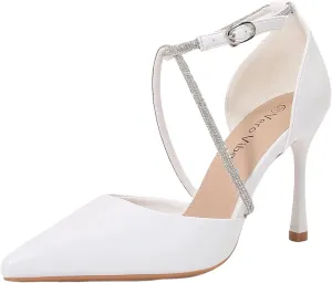 Women's Pointed Toe Stiletto, Ankle Strap Heel with Sparkling Crossband Detail, Adjustable Buckle