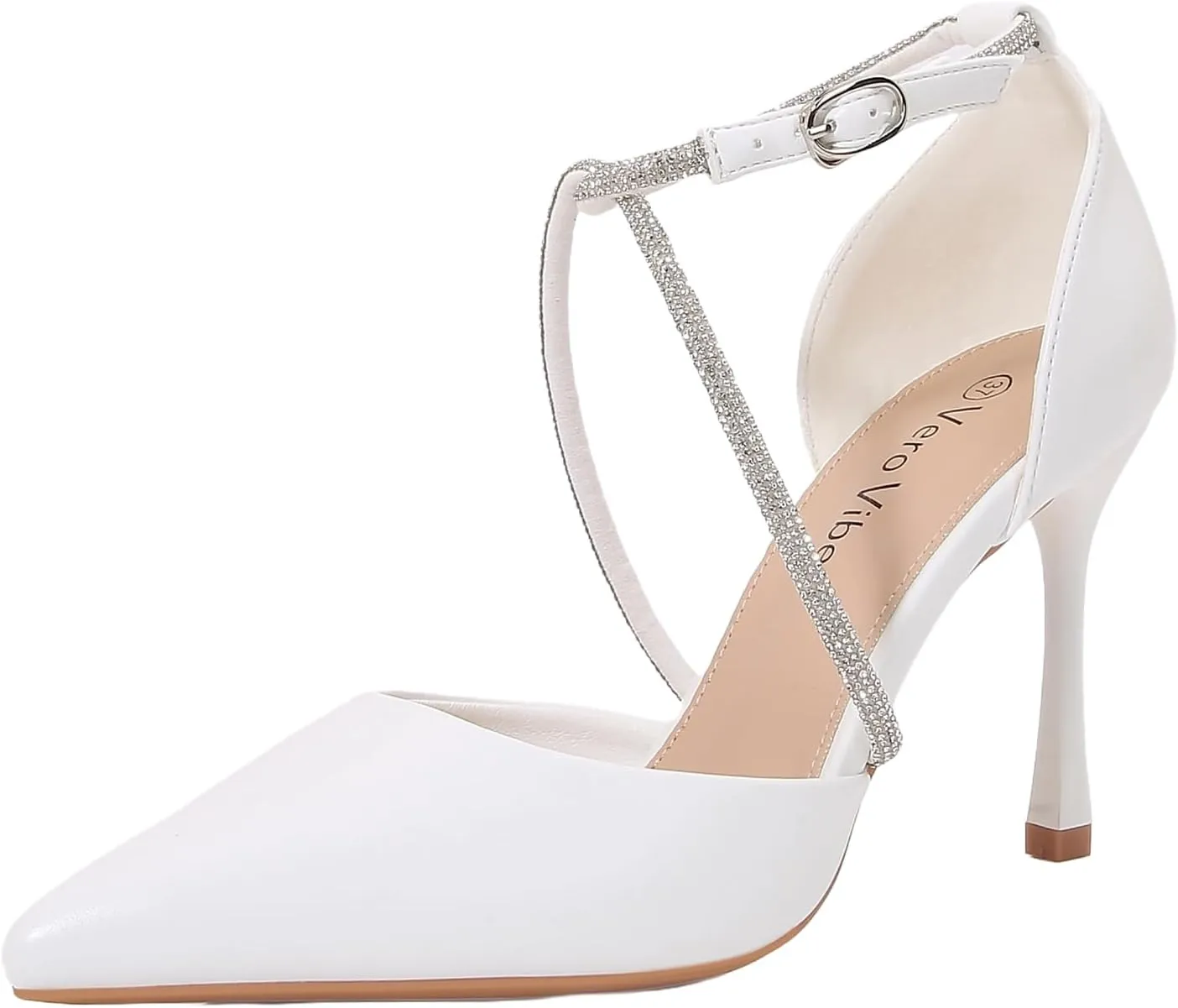 Women's Pointed Toe Stiletto, Ankle Strap Heel with Sparkling Crossband Detail, Adjustable Buckle