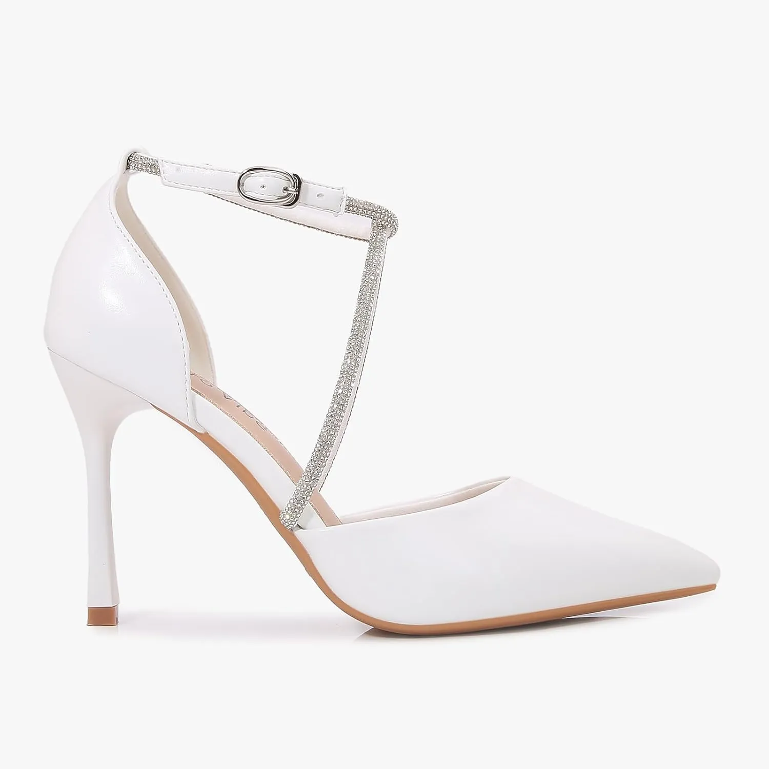 Women's Pointed Toe Stiletto, Ankle Strap Heel with Sparkling Crossband Detail, Adjustable Buckle
