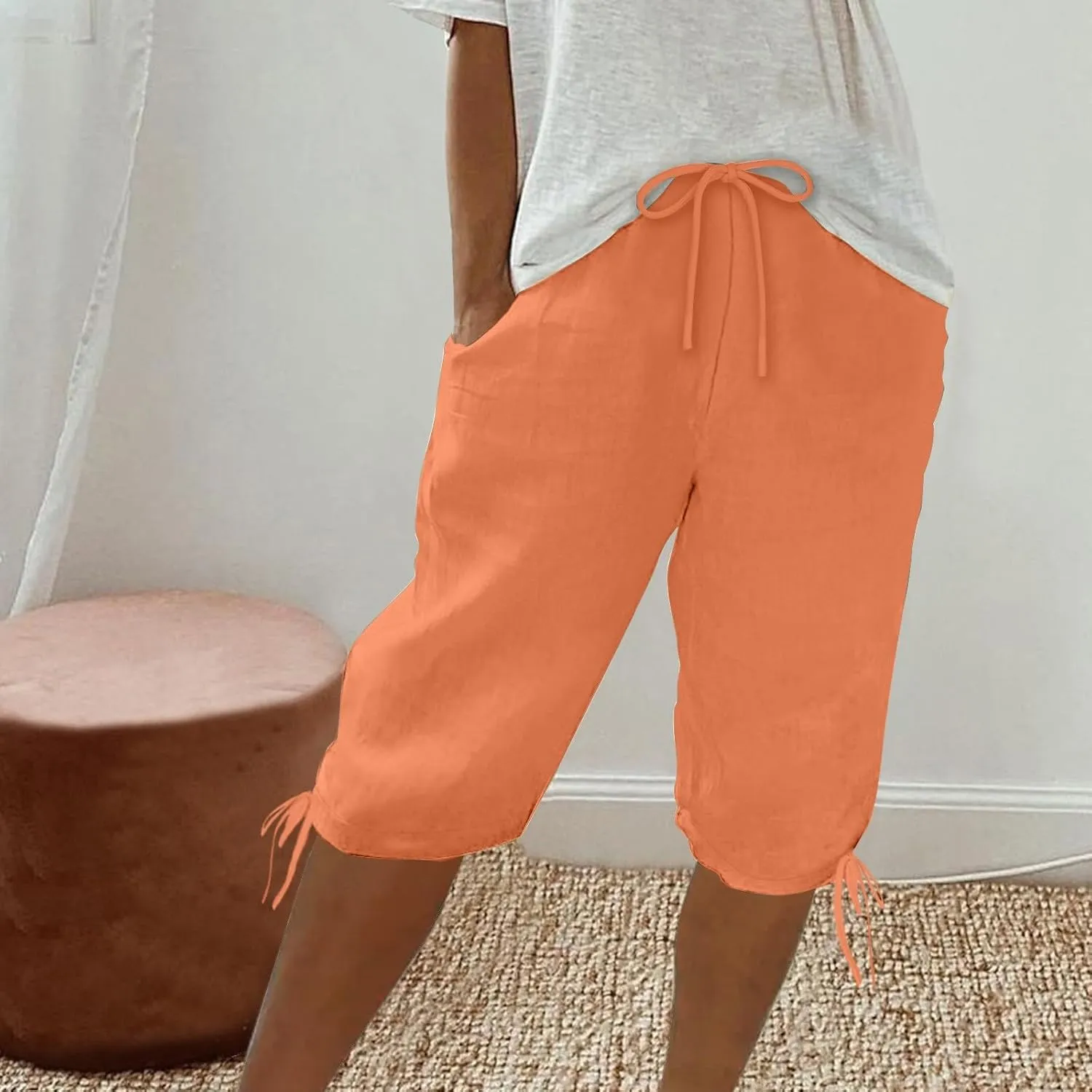 Womens Shorts 2025 Summer Fashion Linen Shorts Bermuda Knee Length Casual Loose Pants Workout Pants